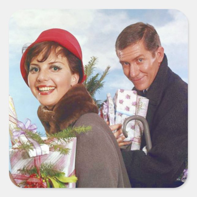 Pegatina Cuadrada Navidades comprando retro (Anverso)