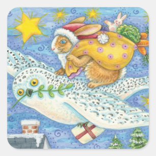 Pegatina Cuadrada Navidades con conejo como Papá Noel en Owl