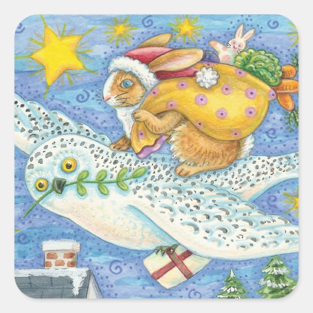 Pegatina Cuadrada Navidades con conejo como Papá Noel en Owl (Anverso)