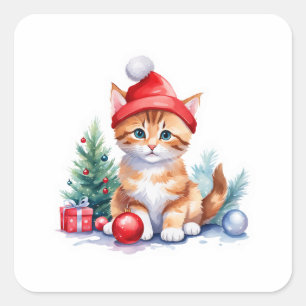 Pegatina Cuadrada navidades 🎅 con gatito con Santa Hat y el present