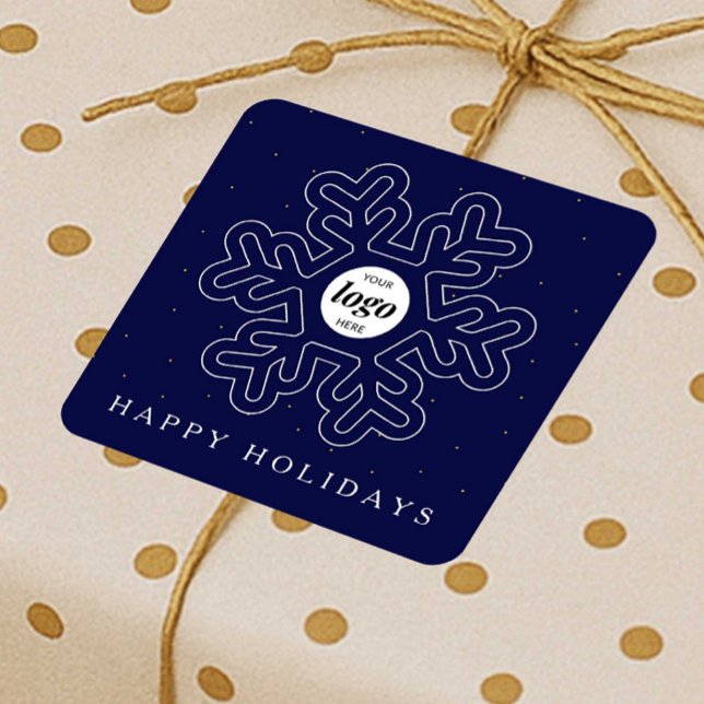 Pegatina Cuadrada Navidades con logotipo empresarial de la marina de (Business logo festive stickers in navy blue and white with modern snowflake design)
