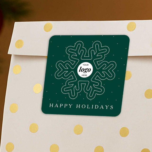 Pegatina Cuadrada Navidades con logotipo empresarial Snowflake Green (Business logo festive stickers in green and white with modern snowflake design)