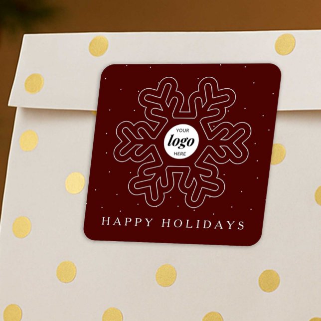 Pegatina Cuadrada Navidades con logotipo empresarial Snowflake Red (Business logo festive stickers in red and white with modern snowflake design)