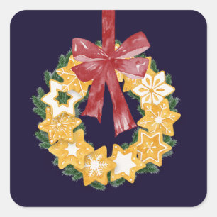 Pegatina Cuadrada Navidades Cookie Wreath con fondo azul marino