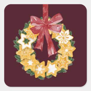 Pegatina Cuadrada Navidades cookie wreath con fondo de Borgoña
