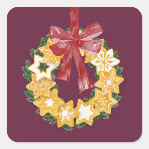 Pegatina Cuadrada Navidades Cookie Wreath con fondo de ciruela profu
