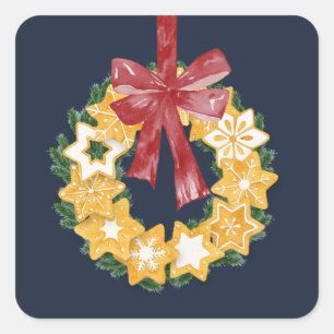 Pegatina Cuadrada Navidades Cookie Wreath con fondo gris azul