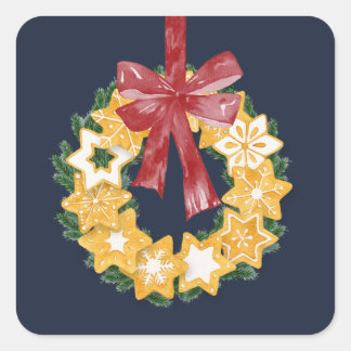 Pegatina Cuadrada Navidades Cookie Wreath con fondo gris azul