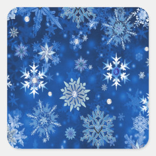 Pegatina Cuadrada Navidades Copos de nieve azules y plateados