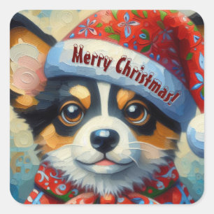 Pegatina Cuadrada Navidades Corgi Dog Puppy con Santa Hat