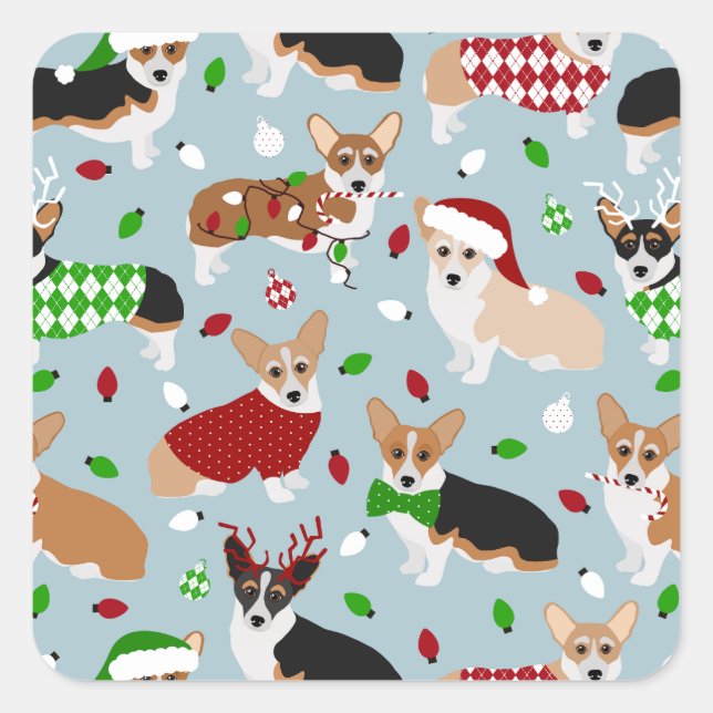 Pegatina Cuadrada Navidades Corgi Dogs (Anverso)