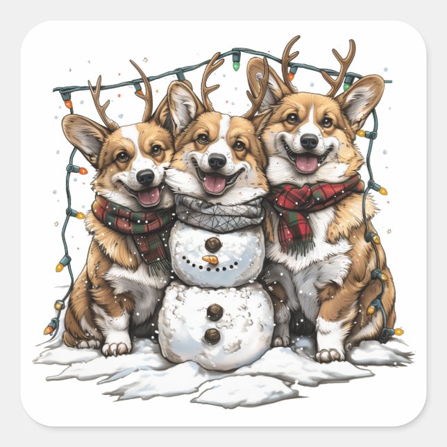 Pegatina Cuadrada Navidades Corgi Dogs Snowman (Anverso)