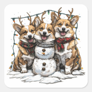 Pegatina Cuadrada Navidades Corgi Dogs Snowman