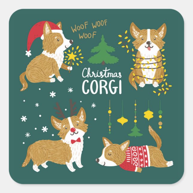 Pegatina Cuadrada Navidades Corgi | Woof Woof Woof (Anverso)