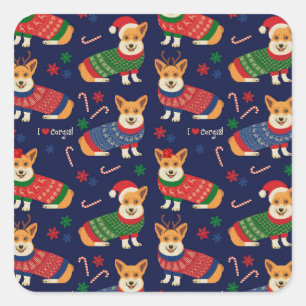 Pegatina Cuadrada Navidades Corgis: Ilustracion festivo vintage.