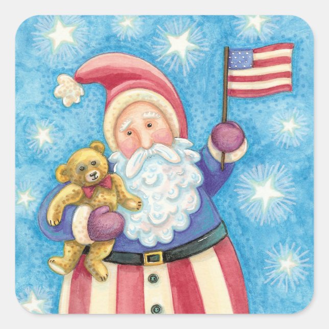 Pegatina Cuadrada Navidades cortos, Papá Noel Patriótico con bandera (Anverso)