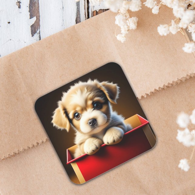 Pegatina Cuadrada Navidades cortos pican perro en una caja de regalo (Subido por el creador)