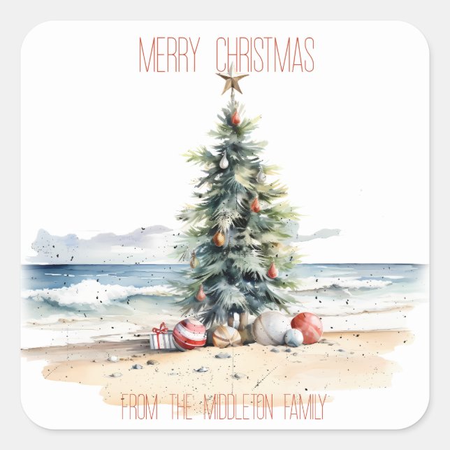 Pegatina Cuadrada Navidades costeros en la playa (Anverso)