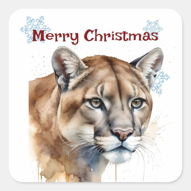 Pegatina Cuadrada Navidades Cougar Animal Wildlife Personalizar (Anverso)
