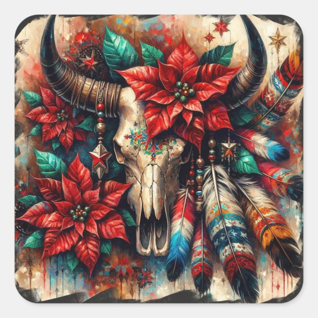 Pegatina Cuadrada Navidades Cow Bull Skull Poinsettias Feathers (Anverso)
