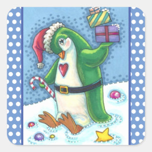 PEGATINA CUADRADA NAVIDADES CUIDADOS PENGUIN VESTIDO DE VERDE, VACAC