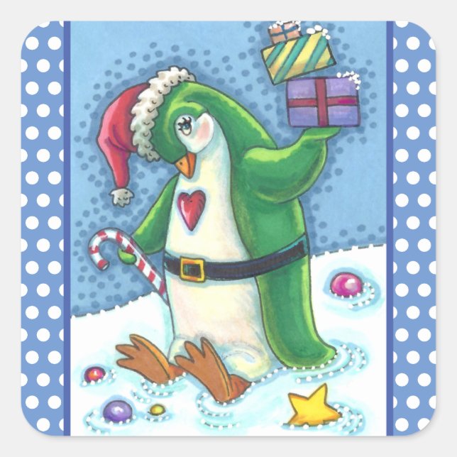 PEGATINA CUADRADA NAVIDADES CUIDADOS PENGUIN VESTIDO DE VERDE, VACAC (Anverso)