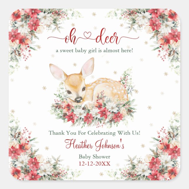 Pegatina Cuadrada Navidades curos Oh Deer Baby Shower (Anverso)