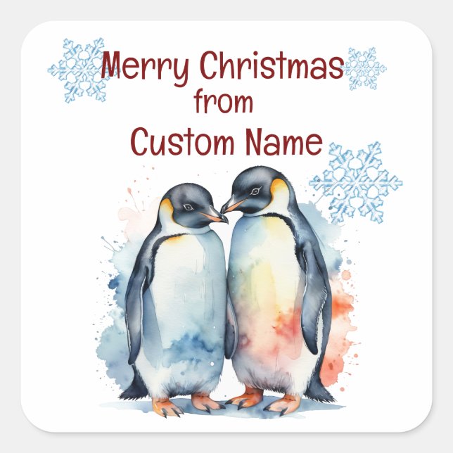 Pegatina Cuadrada Navidades Cute a la pareja de pingüinos Personaliz (Anverso)