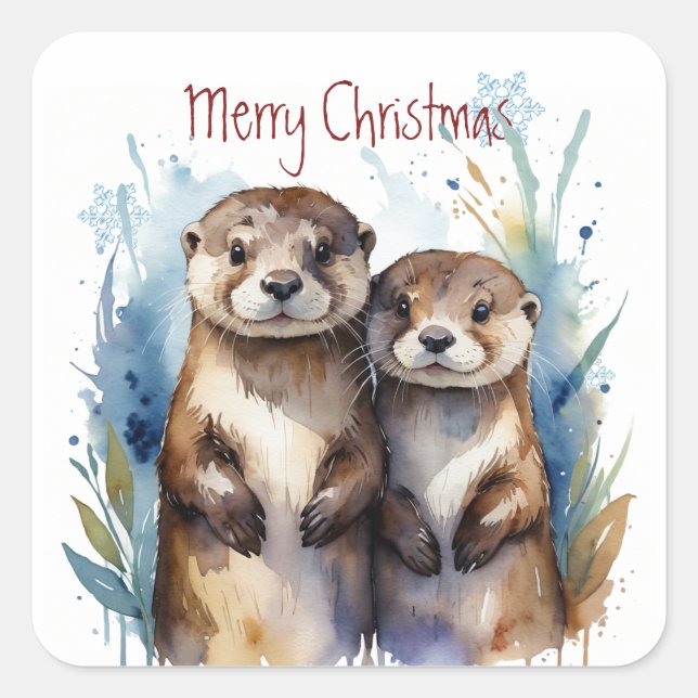 Pegatina Cuadrada Navidades Cute acuarela Otter Couple Animales (Anverso)