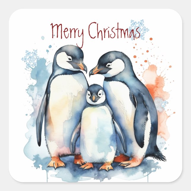 Pegatina Cuadrada Navidades Cute acuarela Pingüino Animales Familiar (Anverso)