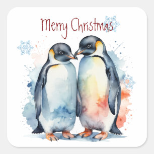Pegatina Cuadrada Navidades Cute acuarela Pingüino Pareja de Animale