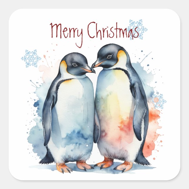 Pegatina Cuadrada Navidades Cute acuarela Pingüino Pareja de Animale (Anverso)