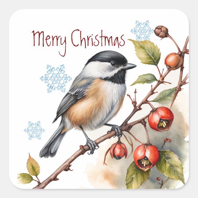 Pegatina Cuadrada Navidades Cute Chickadee Bird Wildlife Art (Anverso)