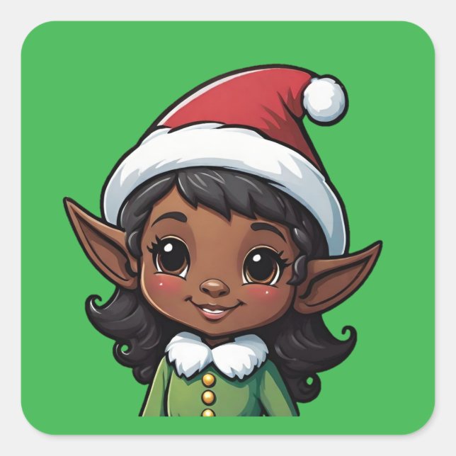 Pegatina Cuadrada Navidades Cute Dark Skin Elf Mujeres (Anverso)