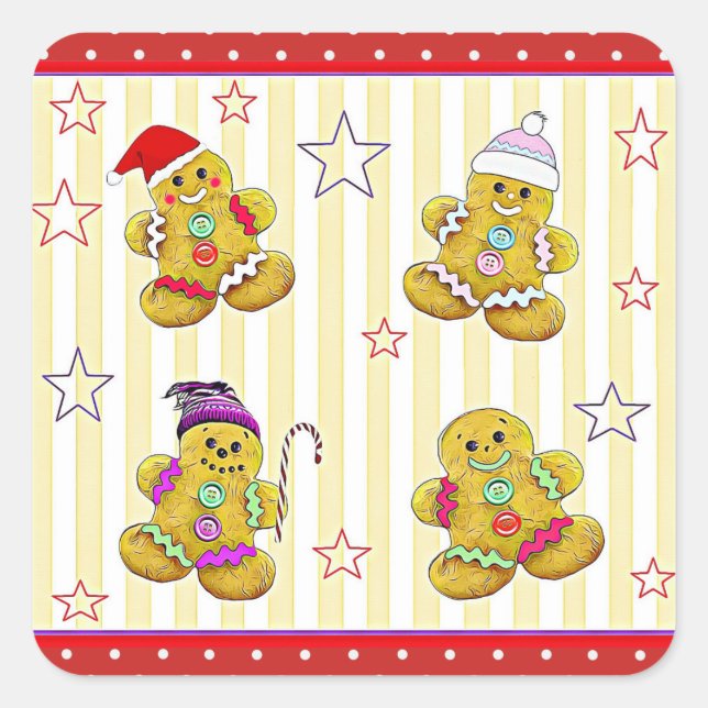 Pegatina Cuadrada Navidades Cute Gingerbread Men (Anverso)