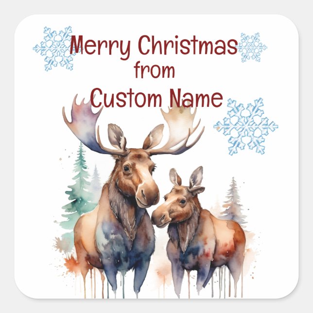Pegatina Cuadrada Navidades Cute Moose Pareja Personalizar Animal (Anverso)