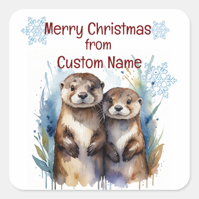 Pegatina Cuadrada Navidades Cute Otter Pareja Personalizar Animal (Anverso)