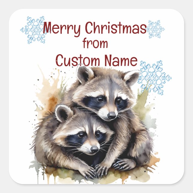 Pegatina Cuadrada Navidades Cute Raccoon Pareja Personalizar Animal (Anverso)