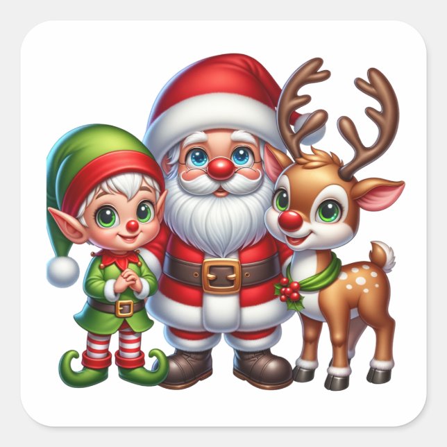 Pegatina Cuadrada Navidades Cute Santa, Elf y Reindeo (Anverso)