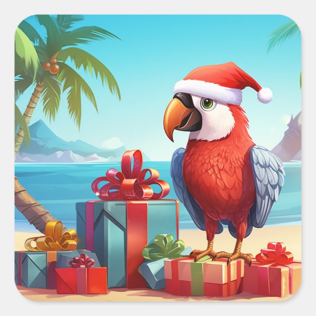 Pegatina Cuadrada Navidades Cute Santa Parrot Tropical Beach (Anverso)