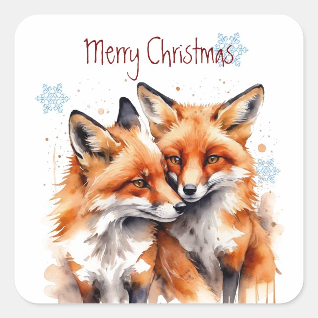 Pegatina Cuadrada Navidades Cute Watercolor Fox Foxes Vida silvestre (Anverso)