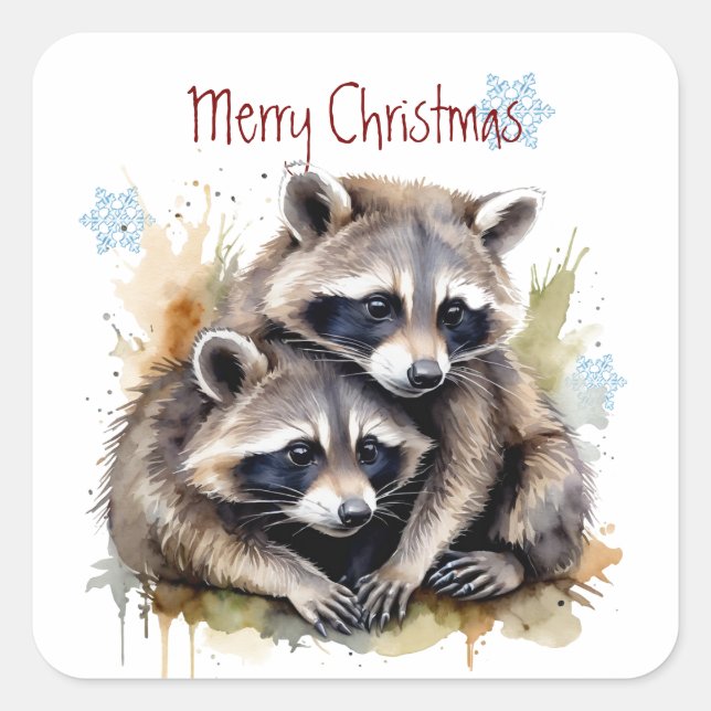 Pegatina Cuadrada Navidades Cute Watercolor Raccoons Vida silvestre (Anverso)