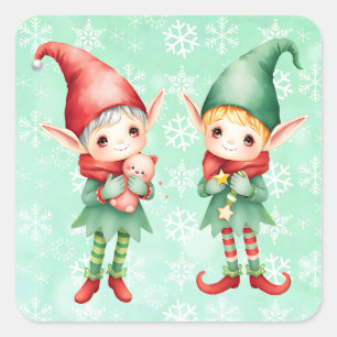 Pegatina Cuadrada Navidades Cute Watercolor Vintage Elves