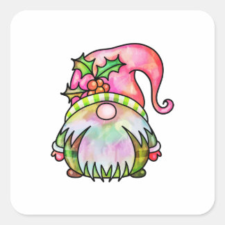 Pegatina Cuadrada Navidades Cute Winter Watercolor Garden Gnome