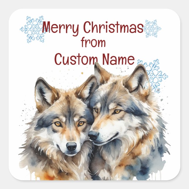 Pegatina Cuadrada Navidades Cute Wolves Pareja Personalizar Animal (Anverso)
