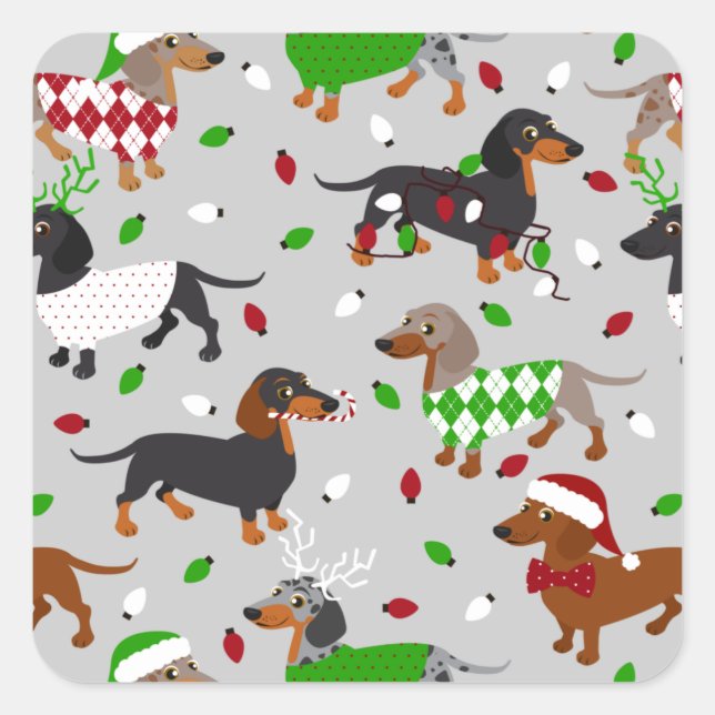 Pegatina Cuadrada Navidades Dachshund All Coats (Anverso)