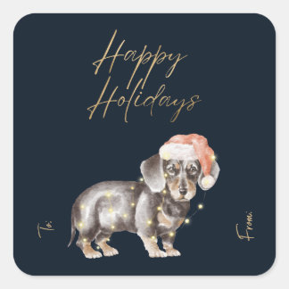 Pegatina Cuadrada Navidades Dachshund Perro Papá Gorra Relieve metal