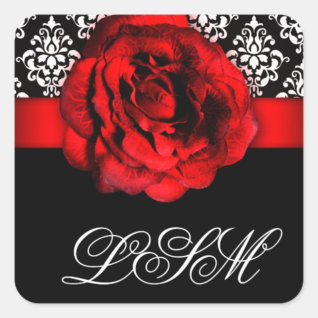 Pegatina Cuadrada Navidades Damask Wedding Red Rose Monograma (Anverso)