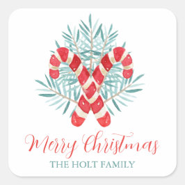 Pegatina Cuadrada Navidades de acuarela Candy Cane Gift