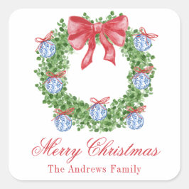 Pegatina Cuadrada Navidades de acuarela Chinoiserie Ornament Wreath